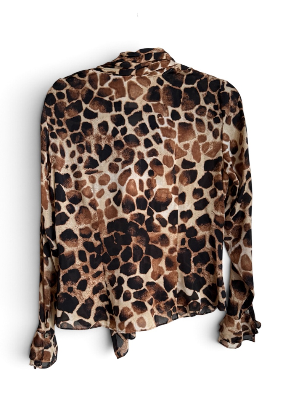Liz Claiborne 100% Silk Giraffe Animal Print Tie Neck Blouse Brown Black M - Picture 3 of 10